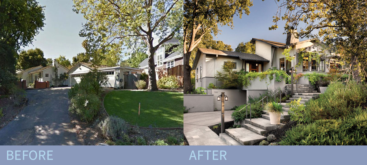 Before and after images of the site and house.